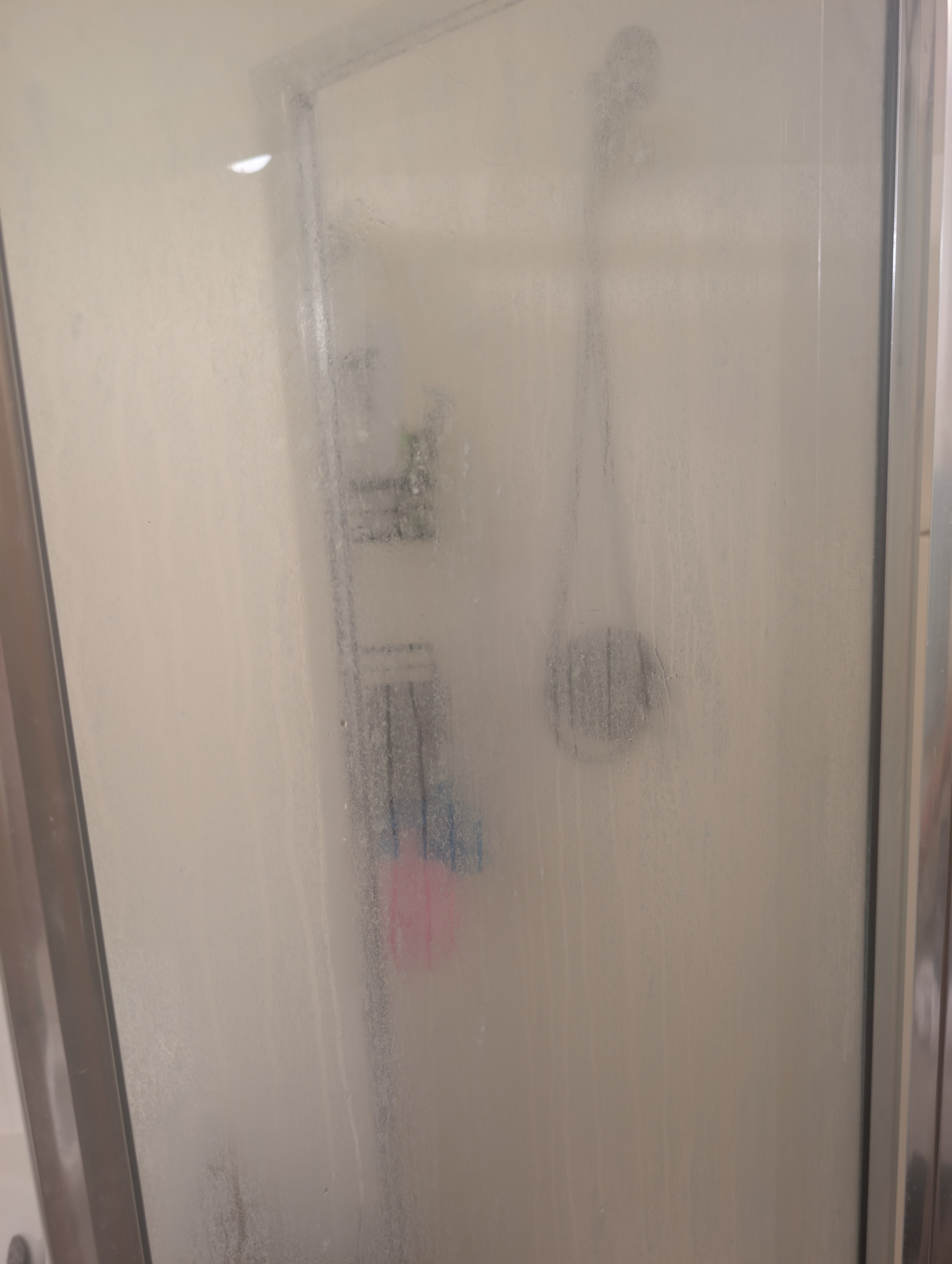 Shower before cleaning — foggy glass doors